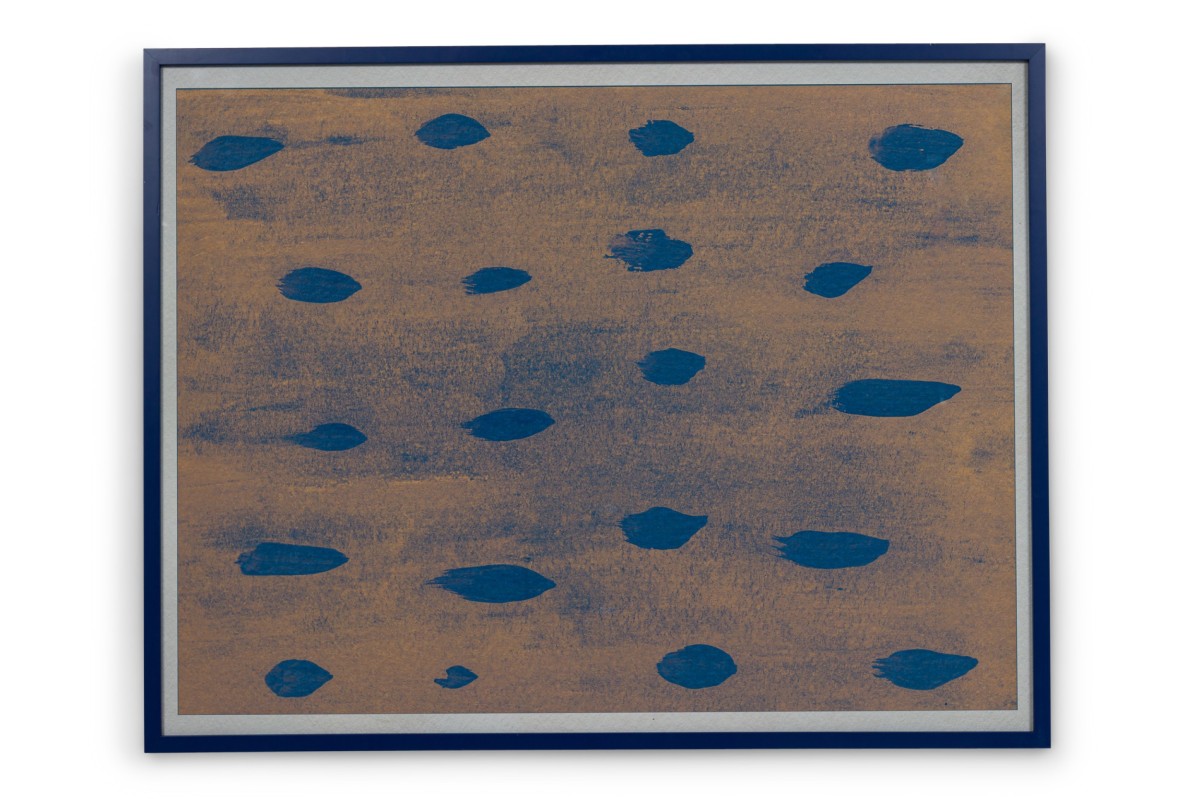 Contemporary Abstract Print with Grey and Navy Blue Dots on Orange Background