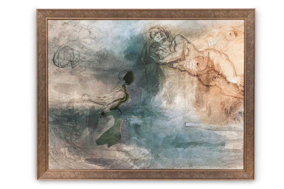 Mixed Media Collage of Classical Style Sketches with Subdued Hues in Simple Frame