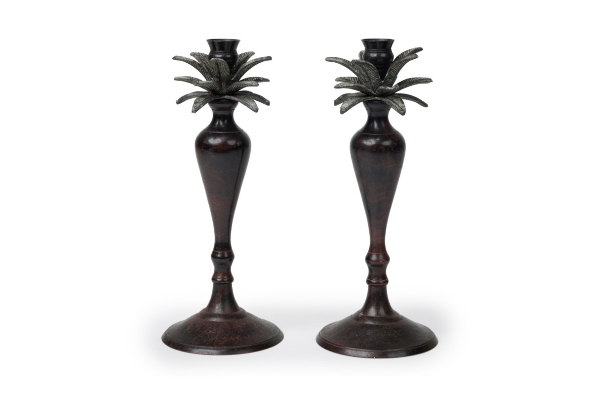 Pair of american art deco bronze palm tree candlesticks