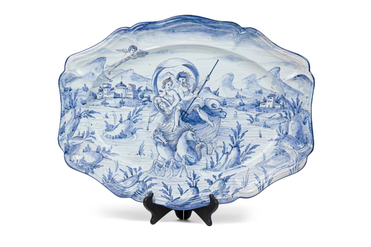 Italian neo classical style handpainted venus and neptune albisola majolica lidded serving tray