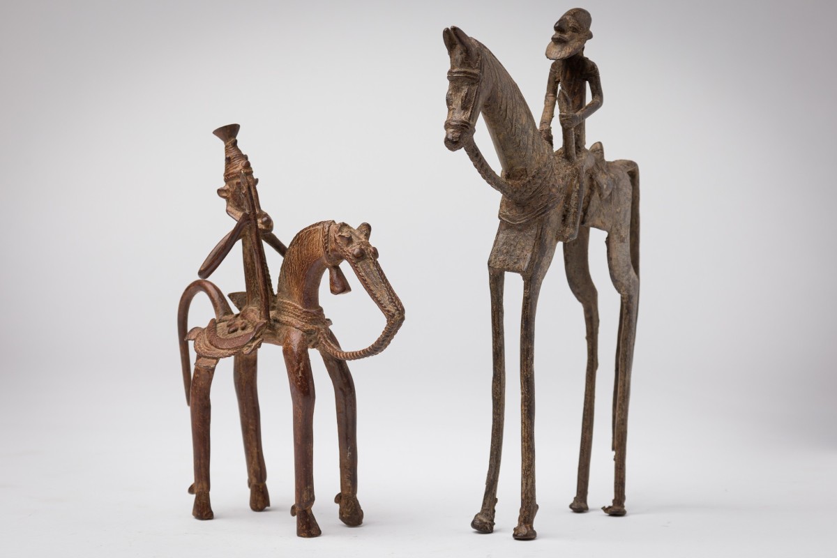 Set of 2 dogon bronze mali riders on horseback statue