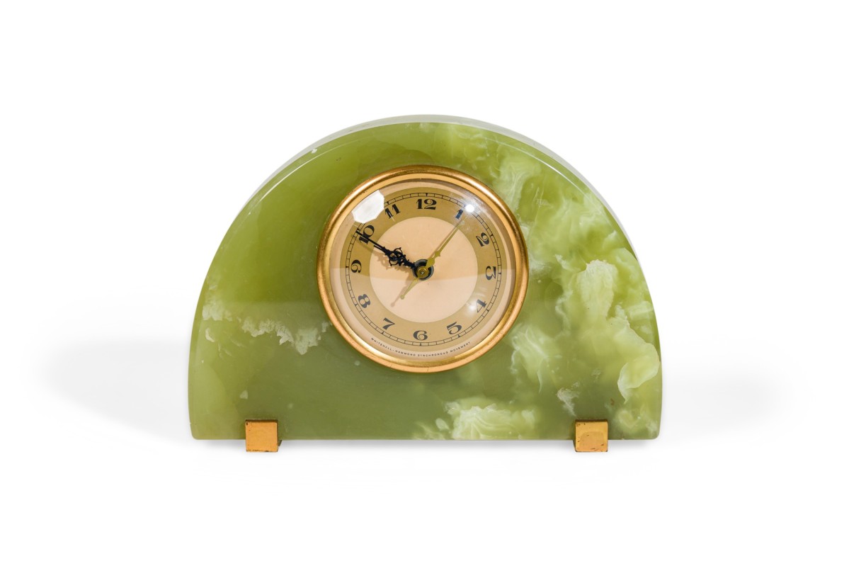Art deco american synchronous movement electrified green onyx clock