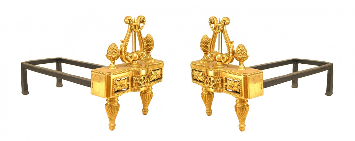 Pair of louis xvi style gilt bronze andirons 1