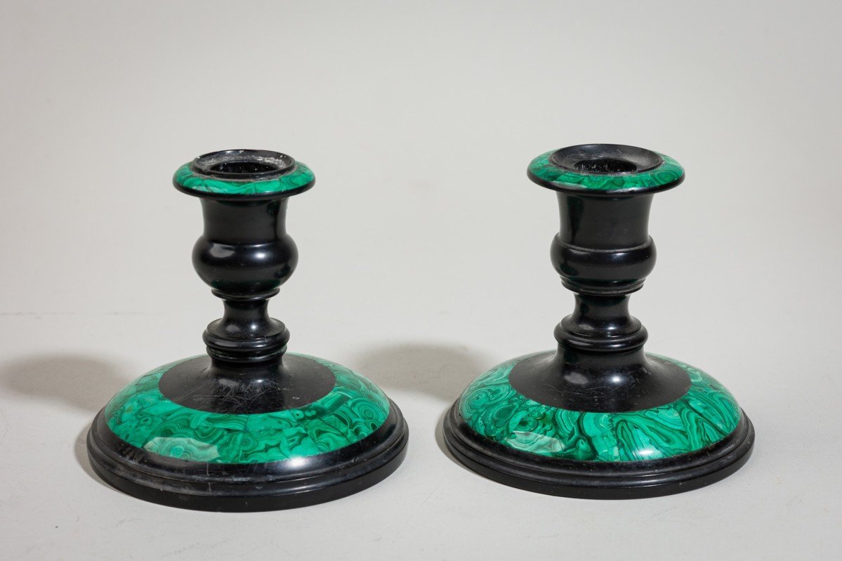 Russian black marble and malachite candleholders