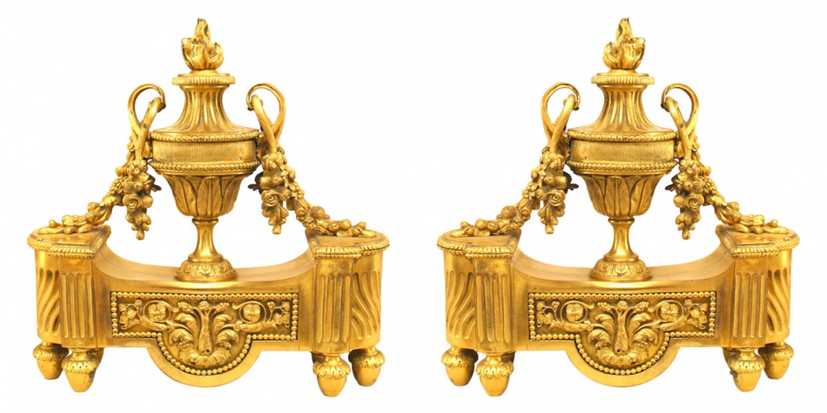 Pair of French louis xvi style bronze urn andirons 1