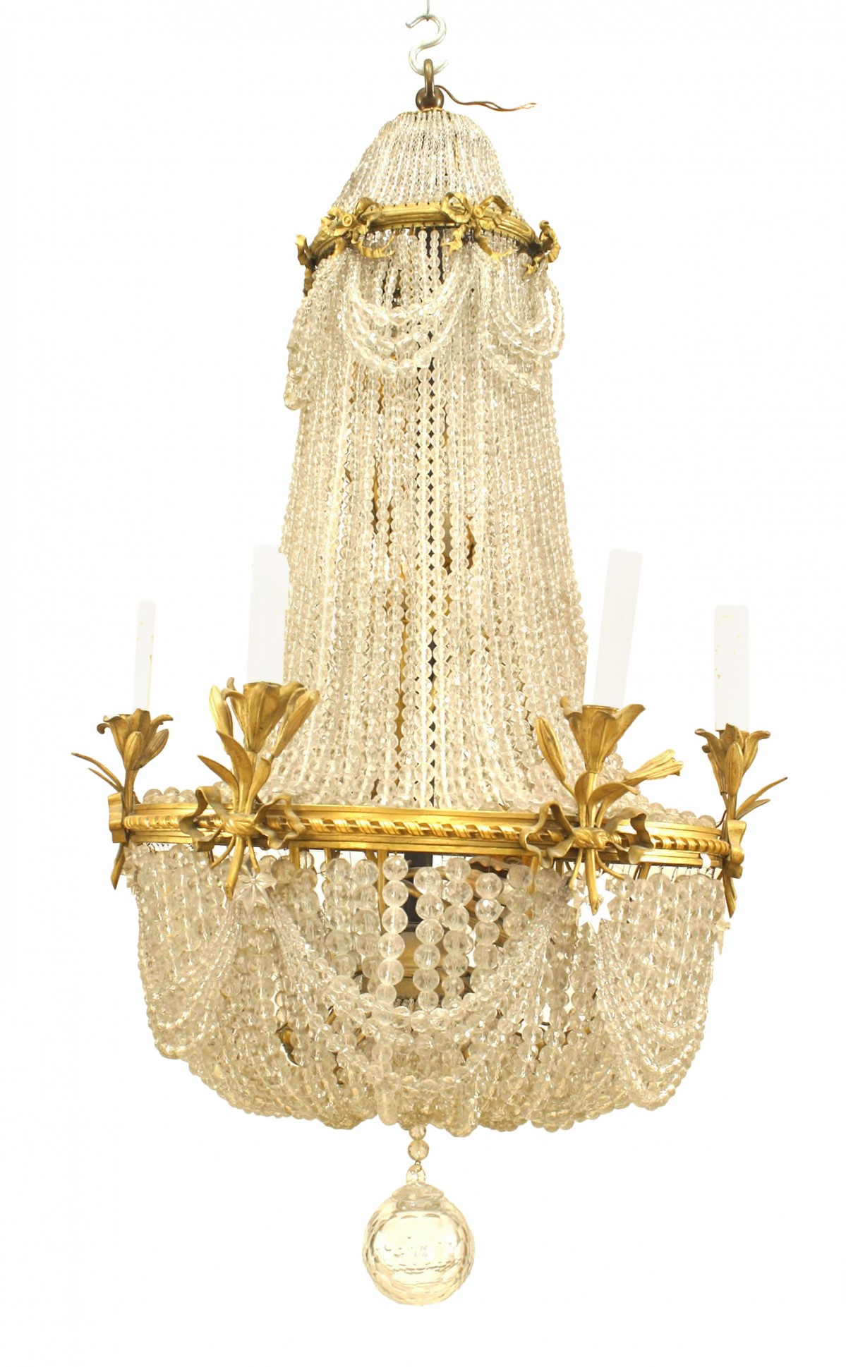 French victorian beaded crystal and brass chandelier