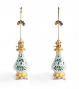 French victorian porcelain celadon table lamps