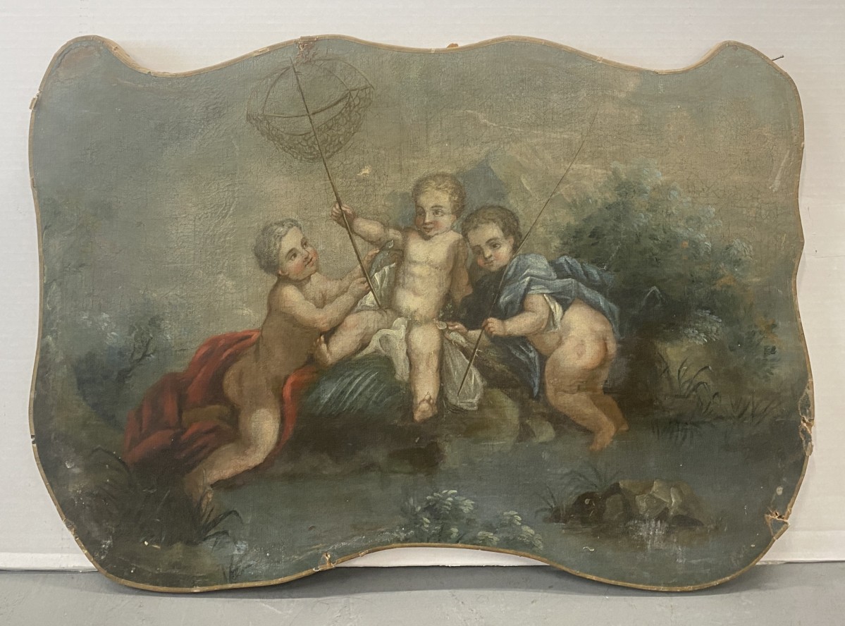 French 18th century cherubs oil canvas board