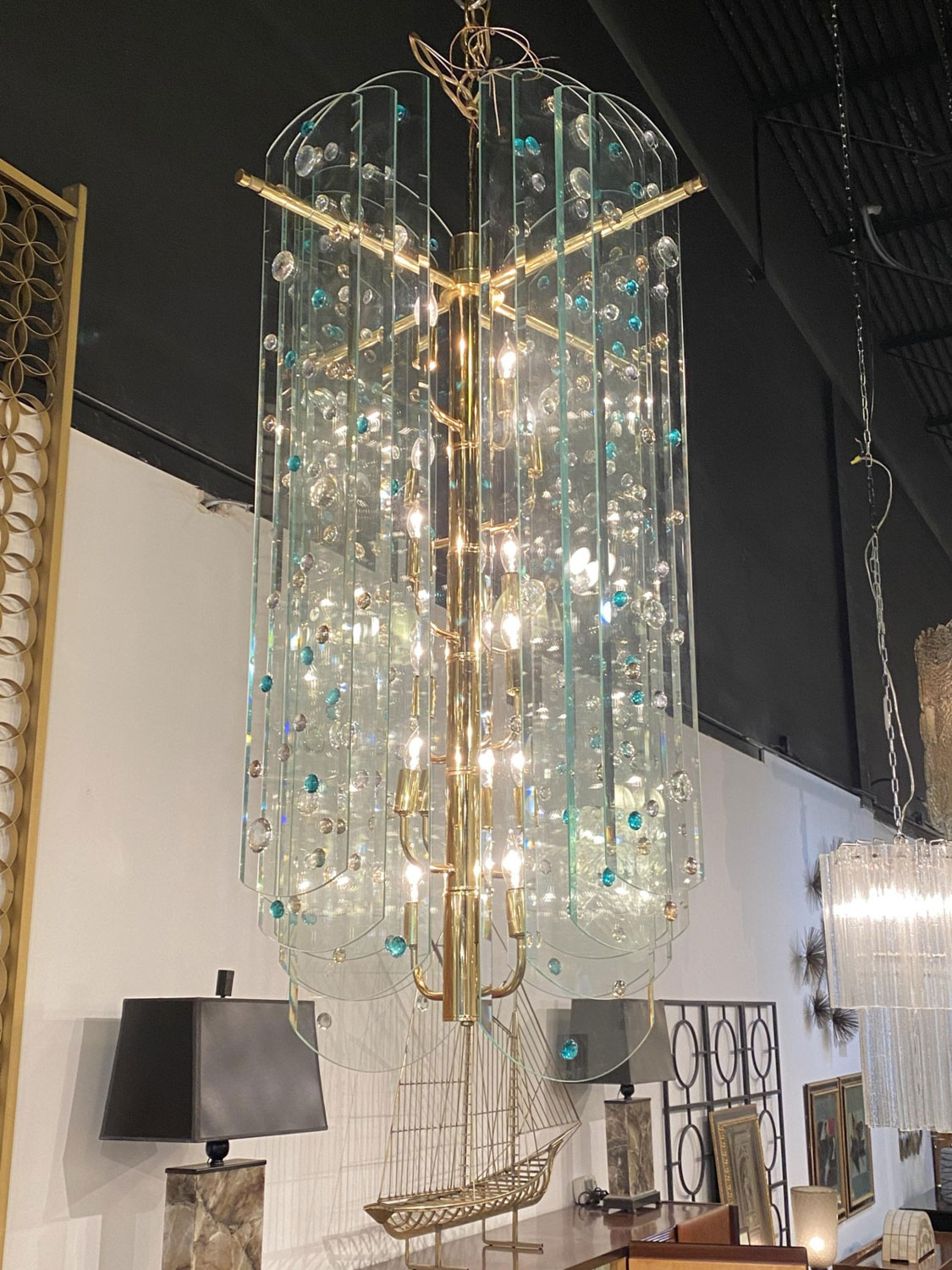 Italian mid century brass and glass chandelier 1