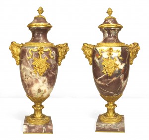 Pair of french victorian neoclassical levanto marble urns