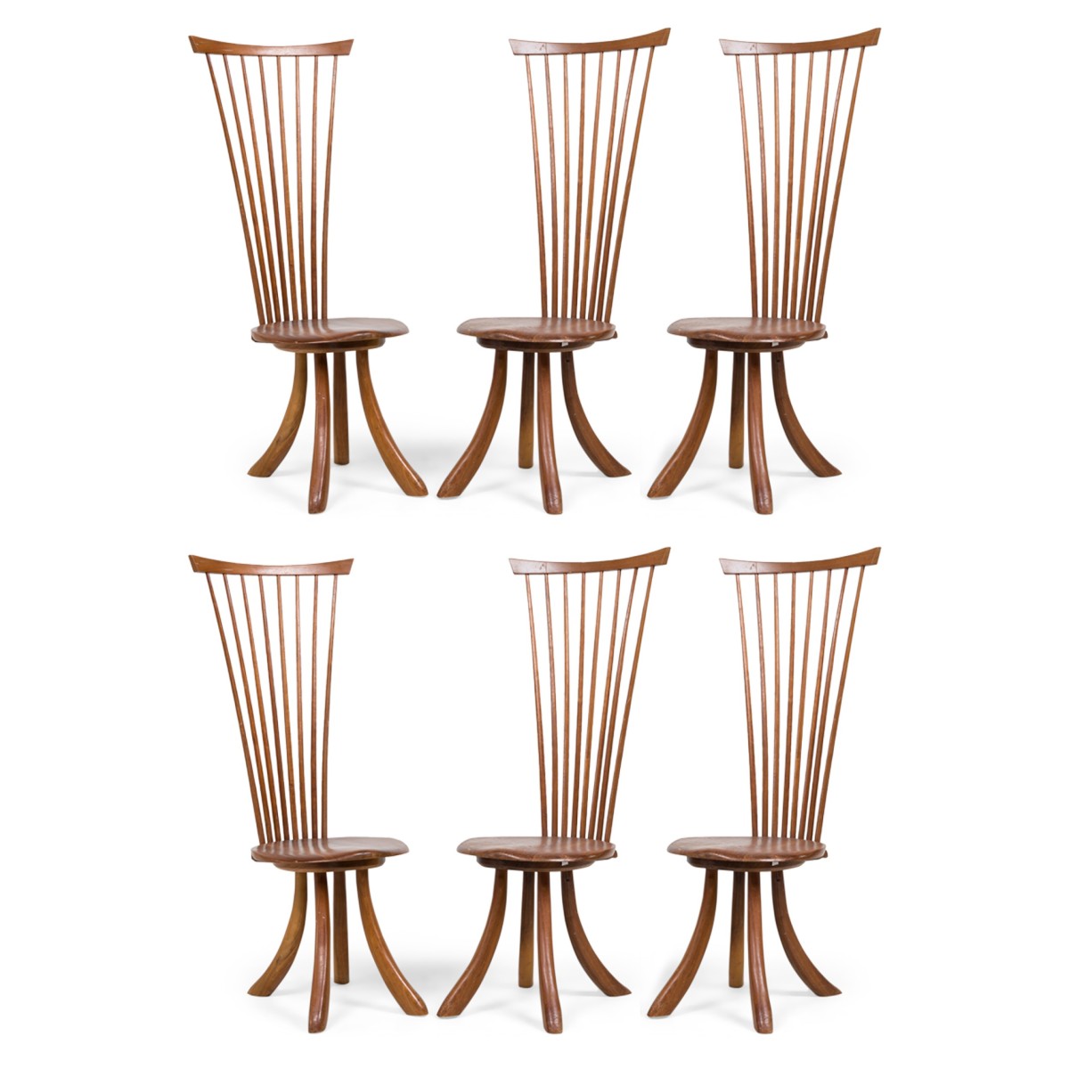Set of 6 jeffrey greene mid century american modern walnut high back dining side chairs