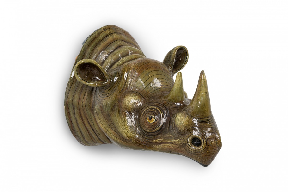 Sergio bustamante mid century mexican painted papier mache rhino head wall sculpture