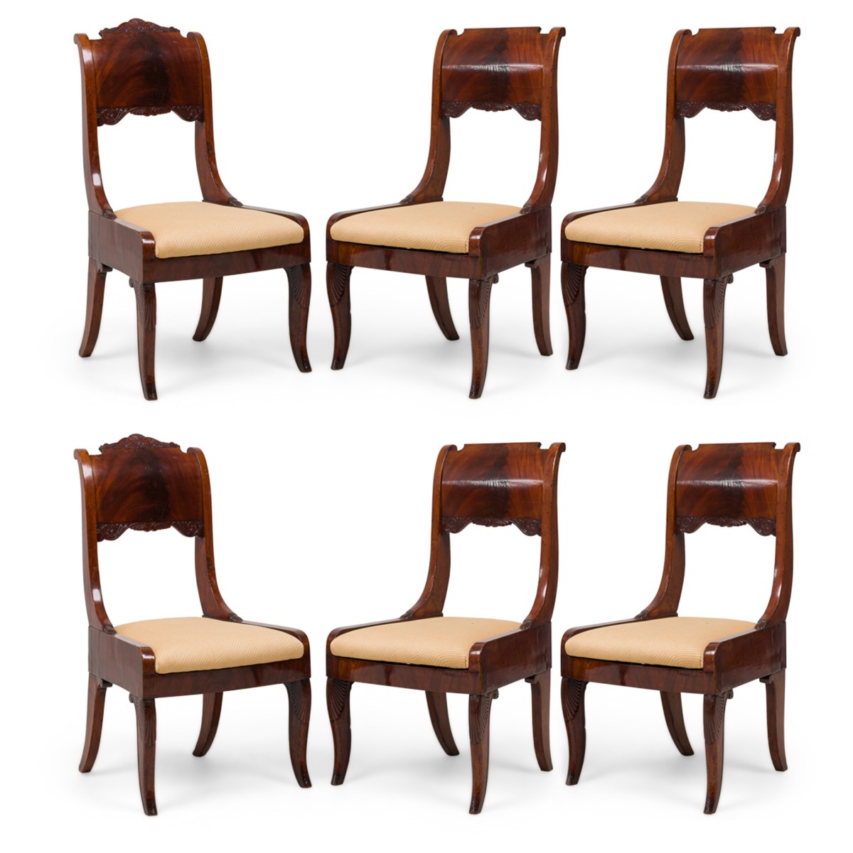 Set of 6 russian neo classic style mahogany upholstered dining side chairs