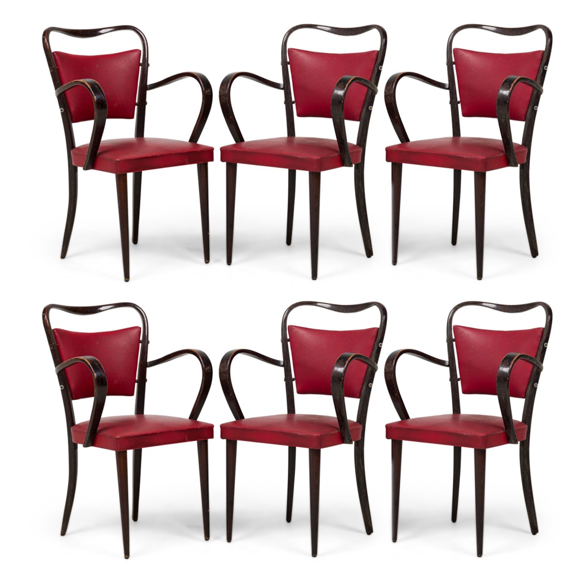 Set of 8 paolo buffa mid century italian modern dark walnut red upholstered armchairs