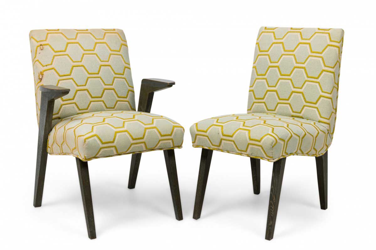 Set of 6 james mont american mid century modern gray cerused oak upholstered dining chairs