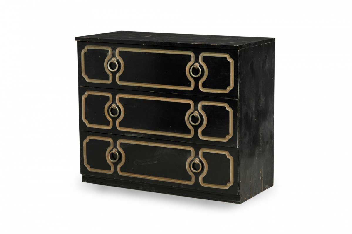 Dorothy draper mid century american black and gold painted 3 drawer chest
