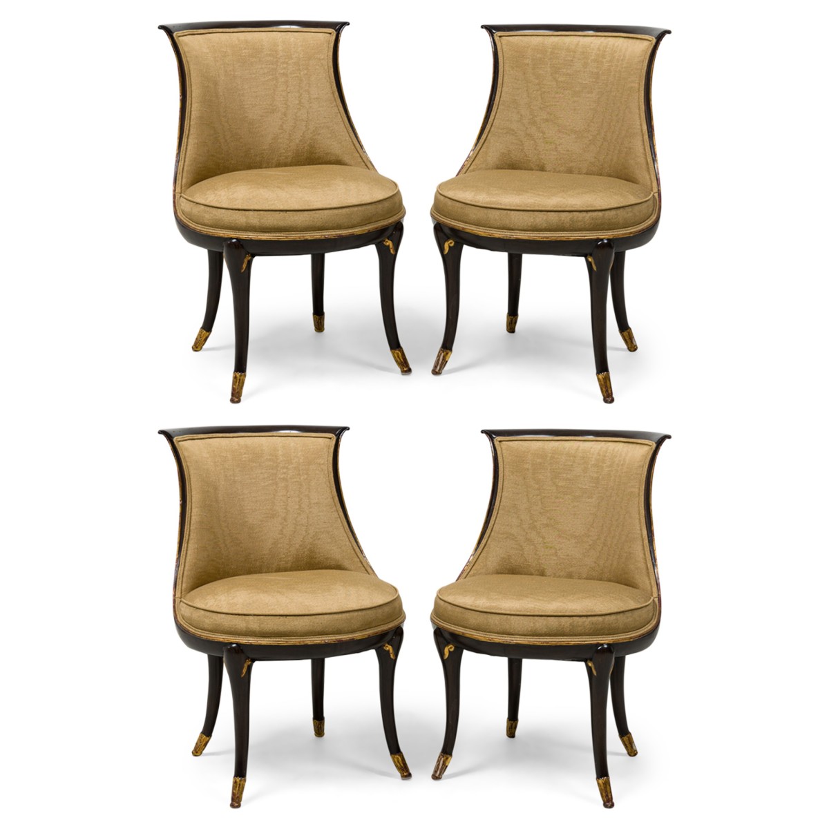 Set of 4 michael taylor mid century american walnut and brass inlaid upholstered dining chairs