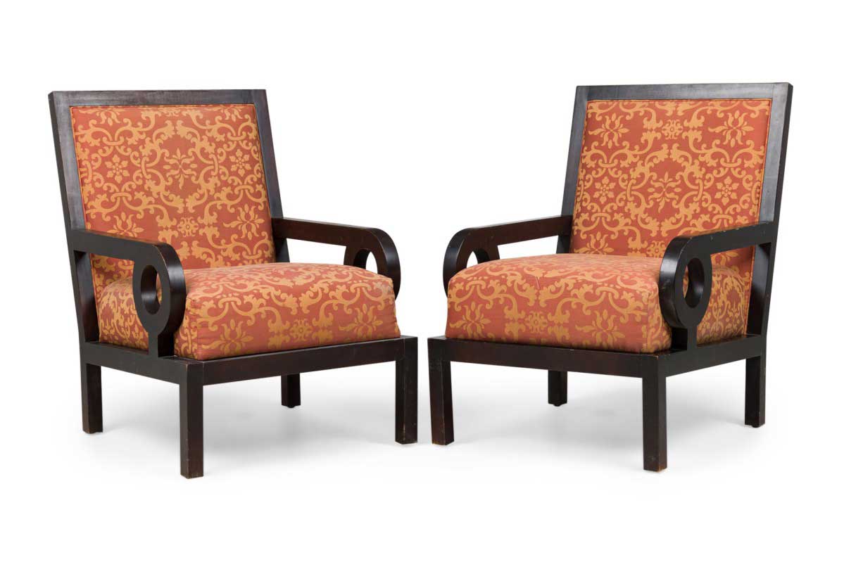 Pair of maitland smith mid century english dark walnut oversized upholstered club armchairs