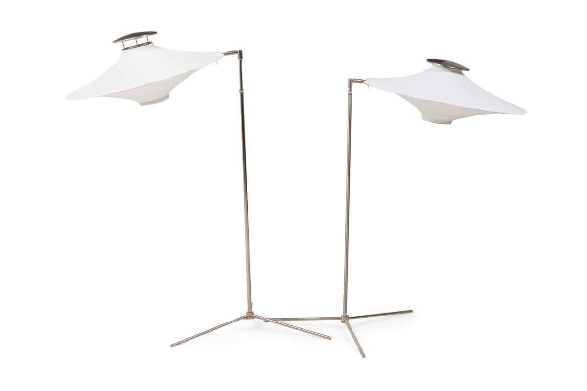Pair of frank gehry mid century american metal floor lamps with sculptural white fabric shades 1