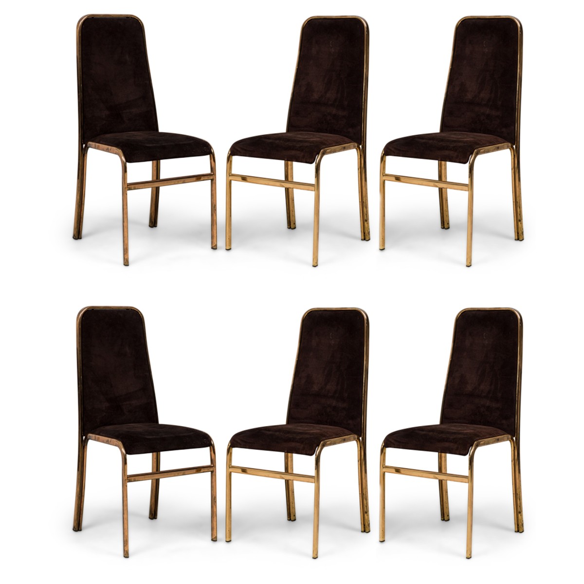 Set of 6 milo baughman mid century american brass dining chairs upholstered in forest green suede