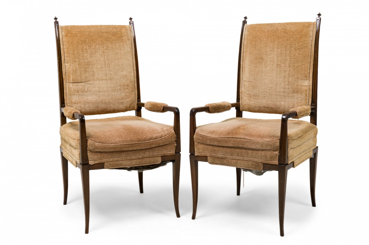 Pair of tommi parzinger mid century american mahogany chenille tweed upholstered armchairs
