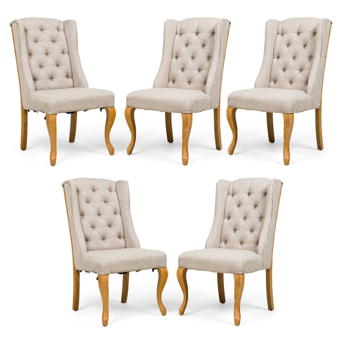 Set of 5 mid century american button tufted gray weave upholstered wing dining chairs