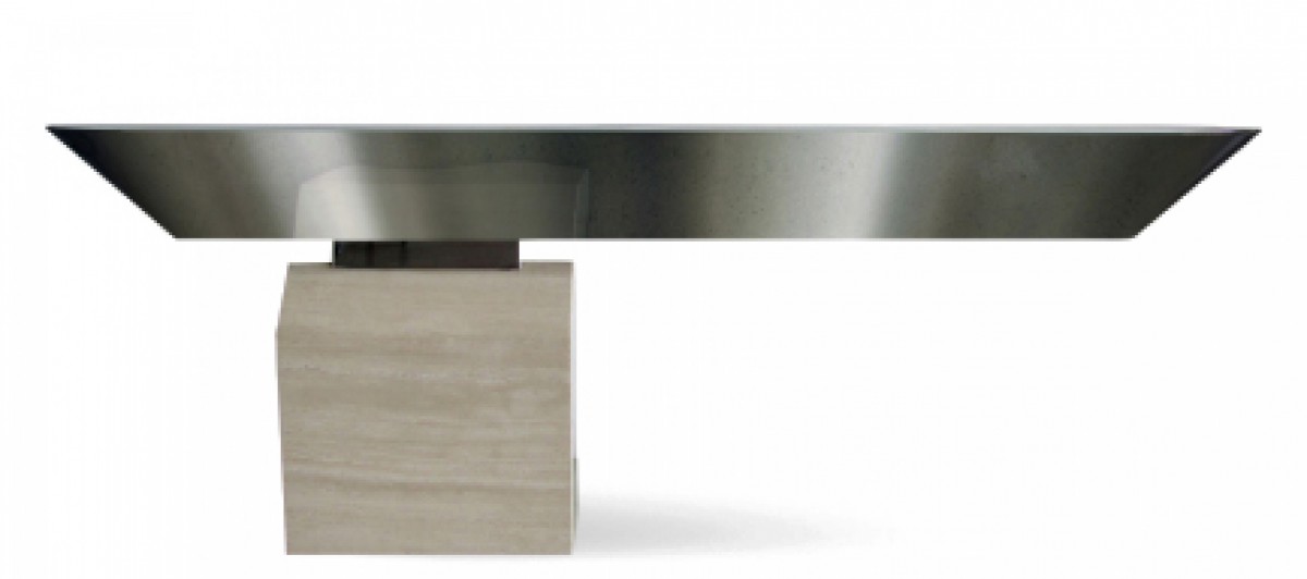 American modern chrome and travertine illuminated console table