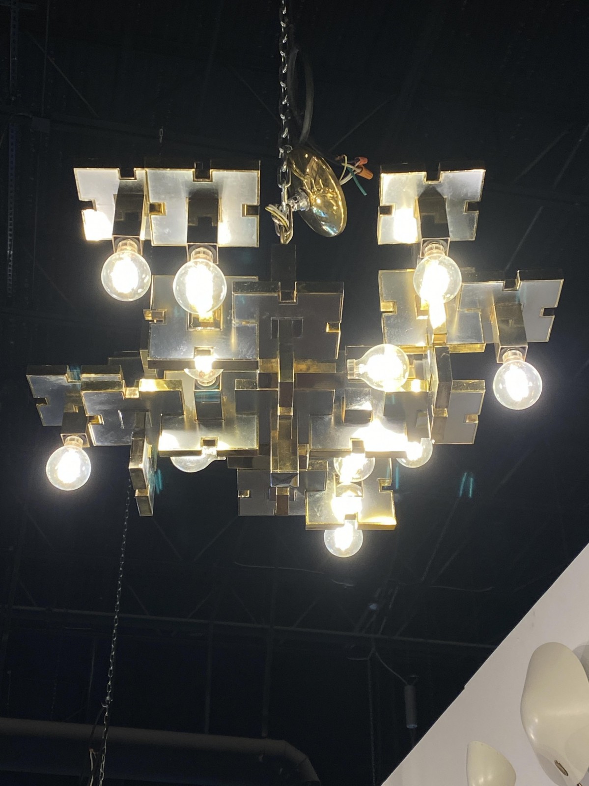 Gaetano sciolari italian mid century industrial brass and brushed chrome chandelier