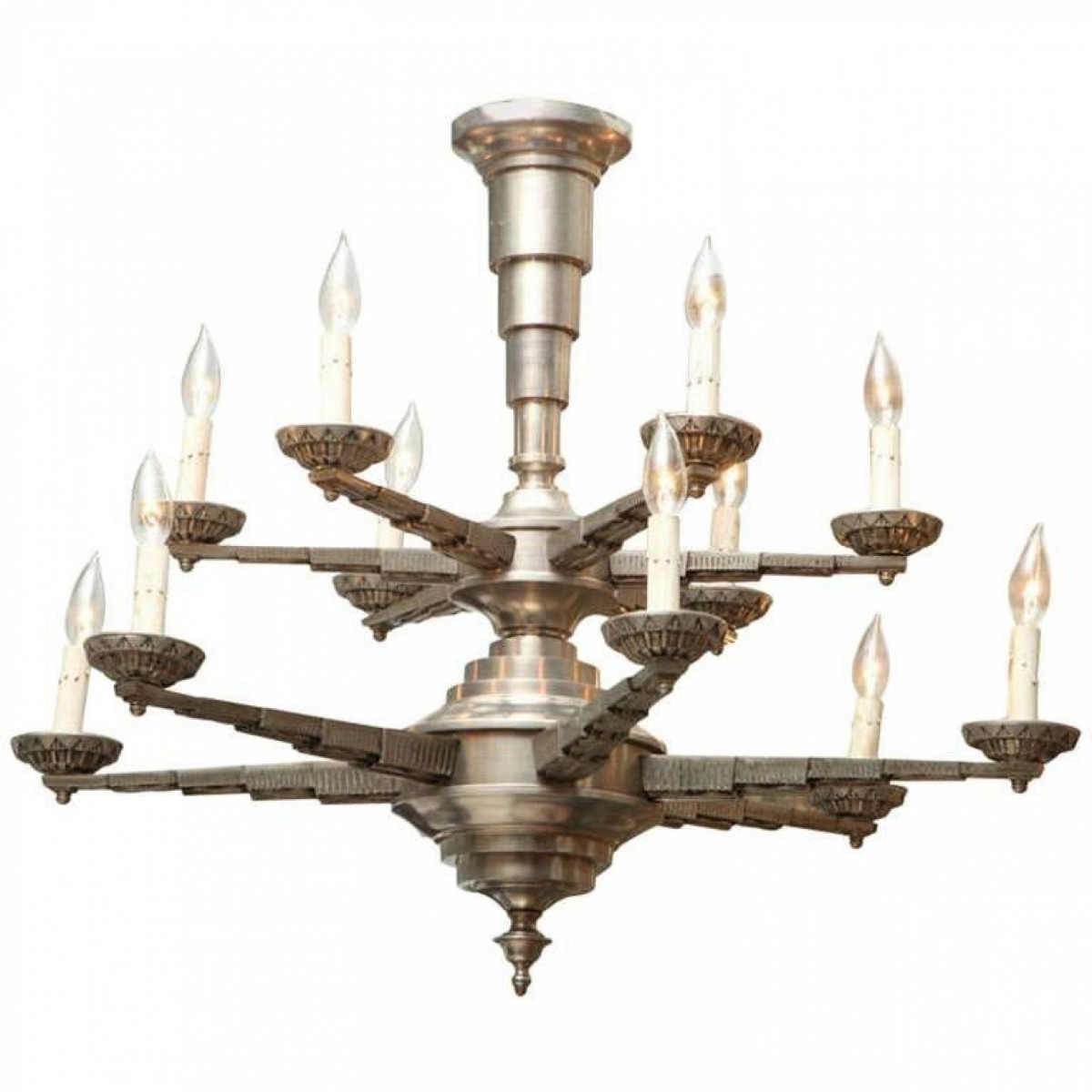 Superb art deco nickel and steel twelve light chandelier 1930s