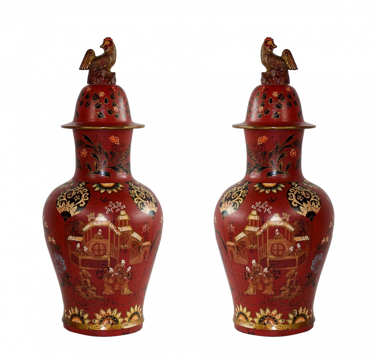 Pair of asian rooster finial lidded red urns