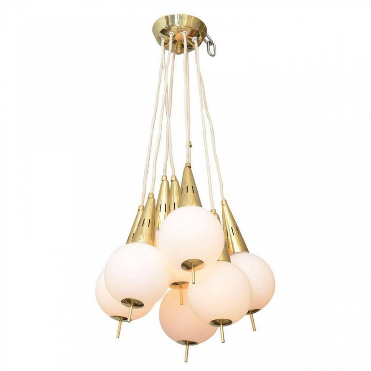 Italian modern brass and glass eight light chandelier in the manner of stilnovo