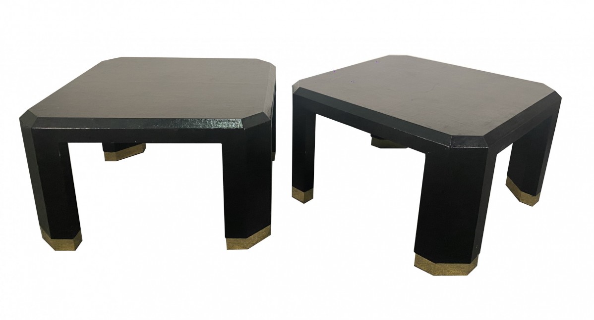 Pair of american modern black lacquer linen brass occasionallow tablesron seff