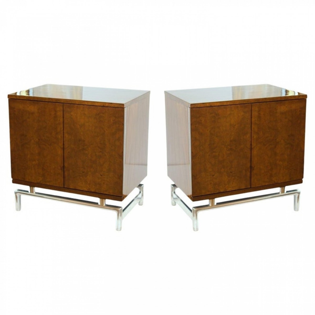 Pair of american modern burled front bedside tables american of martinsville