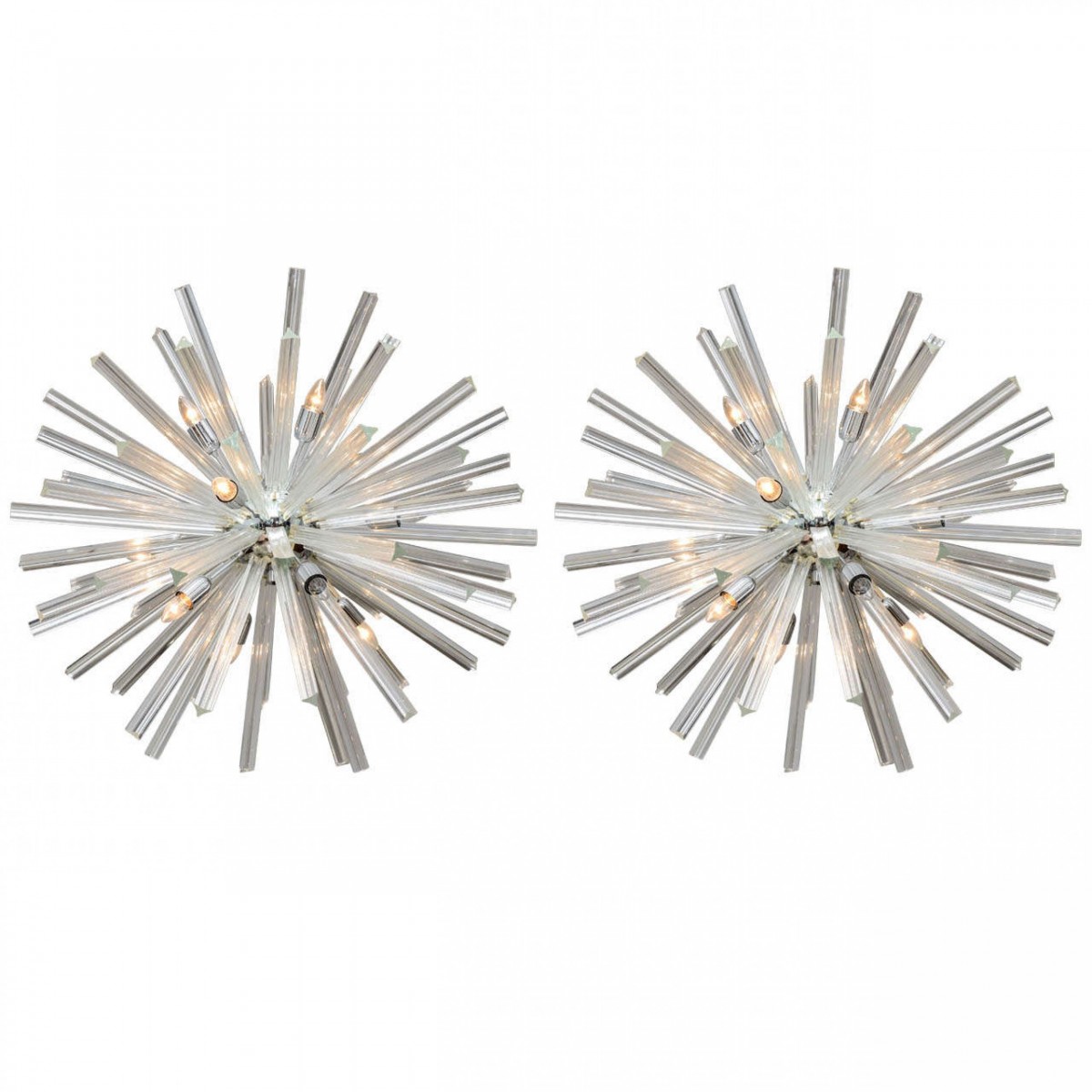 Pair of monumental glass and polished chrome chandeliers venini for camer