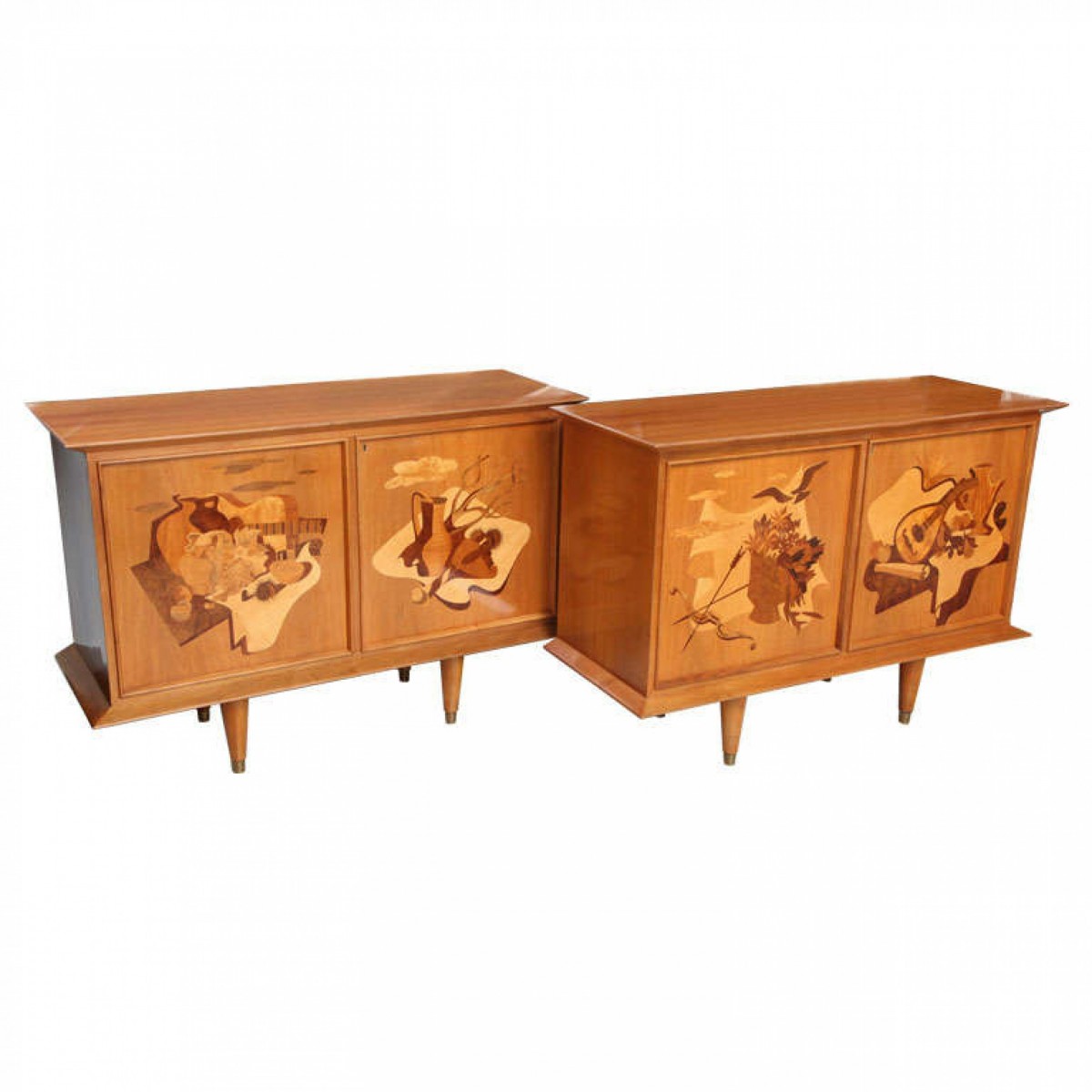 Fine pair of walnut and inlaid wood two door credenza luigi scremin