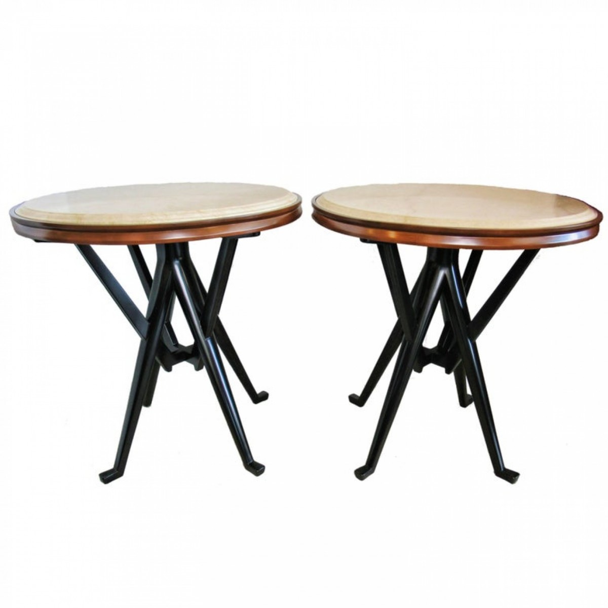 Rare pair of italian modern walnut ebonized and marble tables cassina