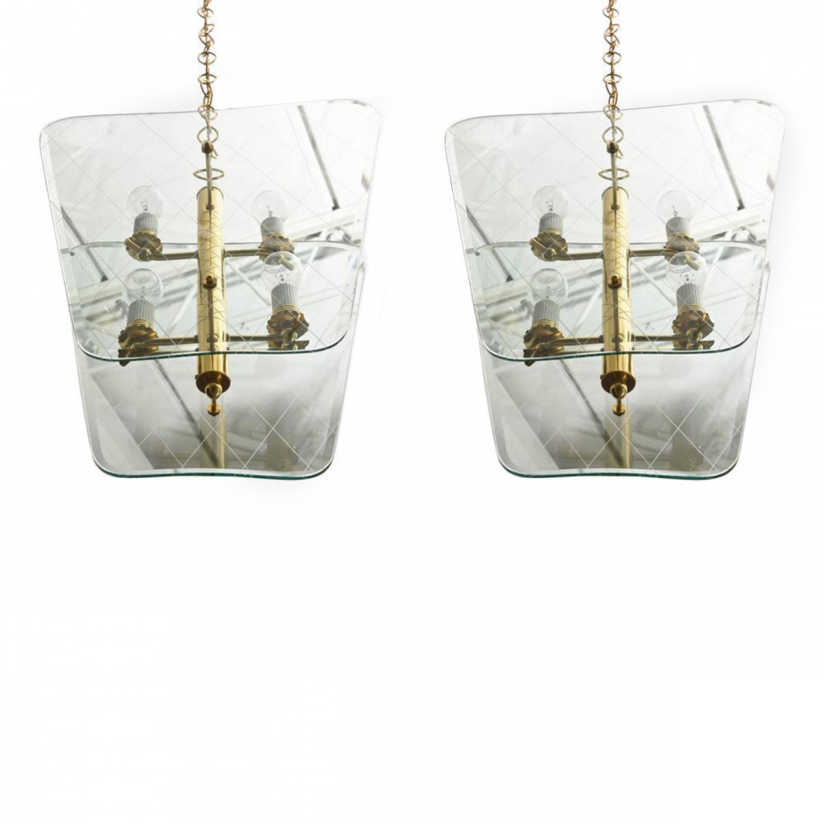 Pair of italian modern brass and etched glass chandelierspendants pietro chiesa