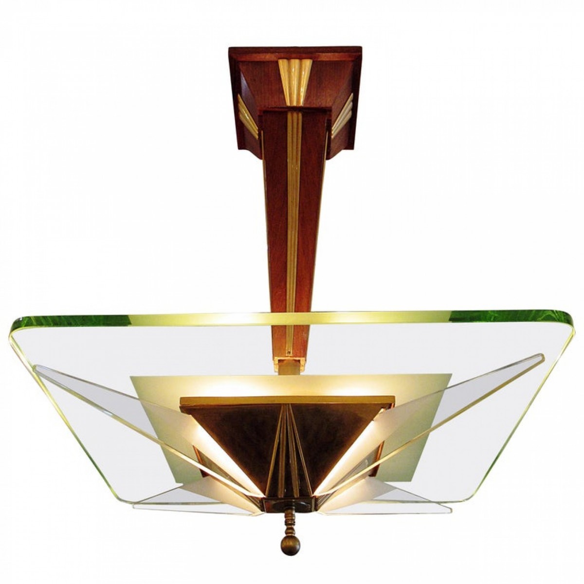 Italian modern brass glass and walnut chandelier max ingrand for saint gobain