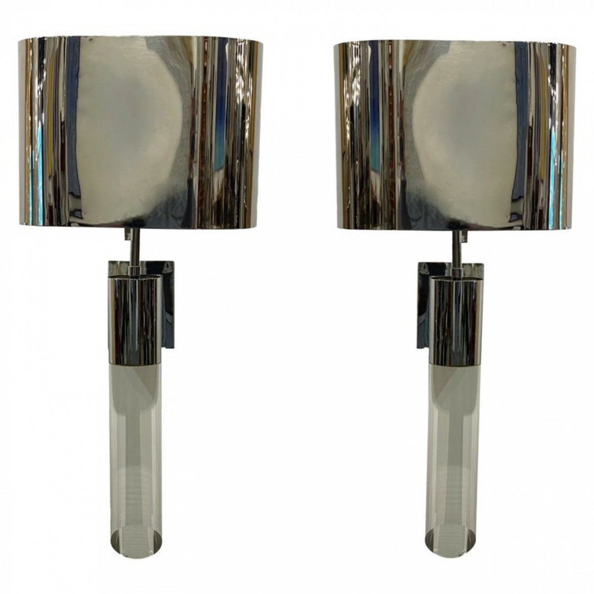 Fine pair american modern polished steel and lucite wall lights karl springer