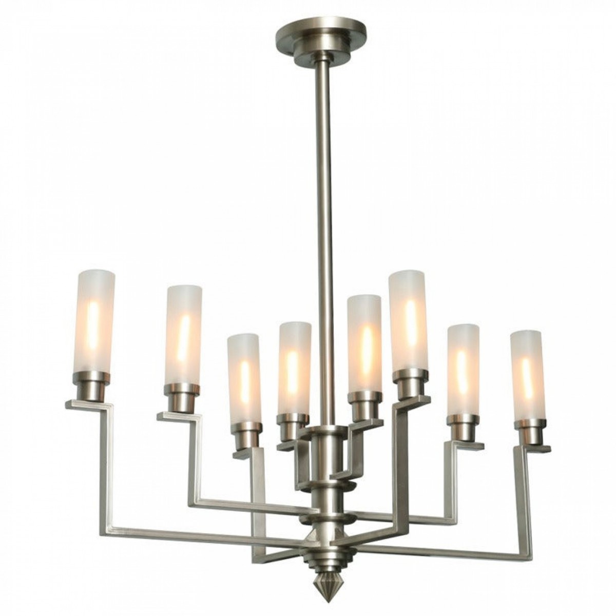 Fine french art deco hand cut steel and glass eight arm chandelier jean perzel