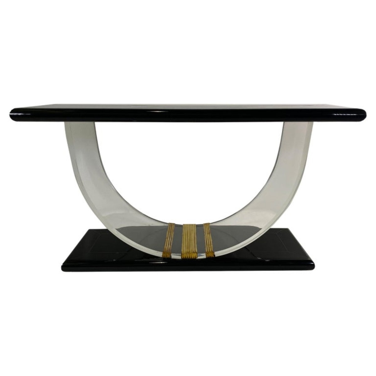American modern black lacquer lucite brass banded console rudolph collection