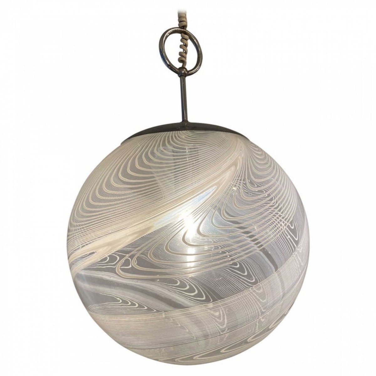 Pair italian modern white and clear handblown glass globe chandelier vistosi