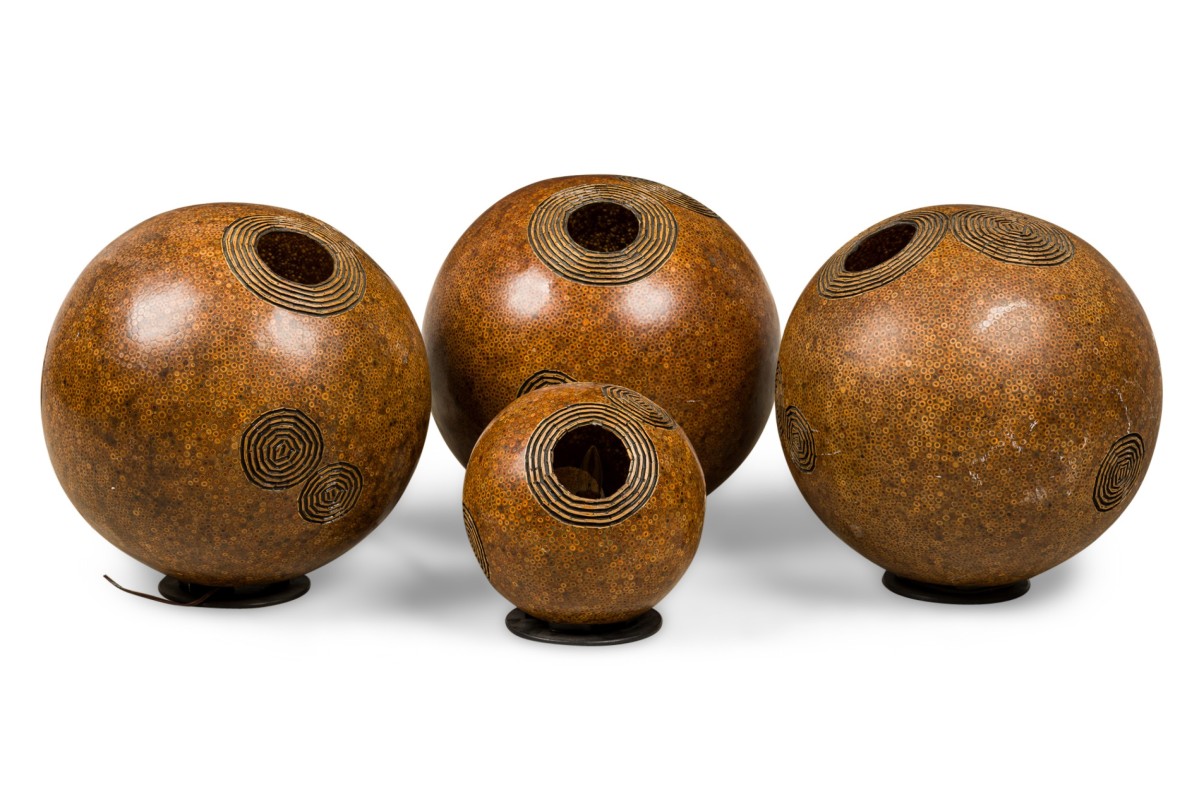 A set of 4 american modern bamboo and resin composite sphere lights