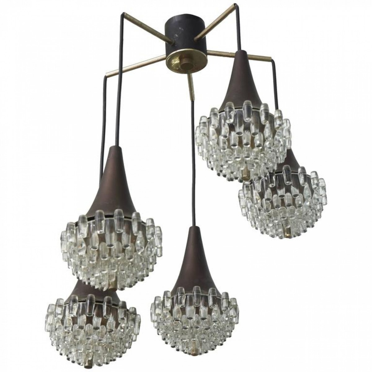 Italian modern five light bronze and glass chandelier manner of max ingrand