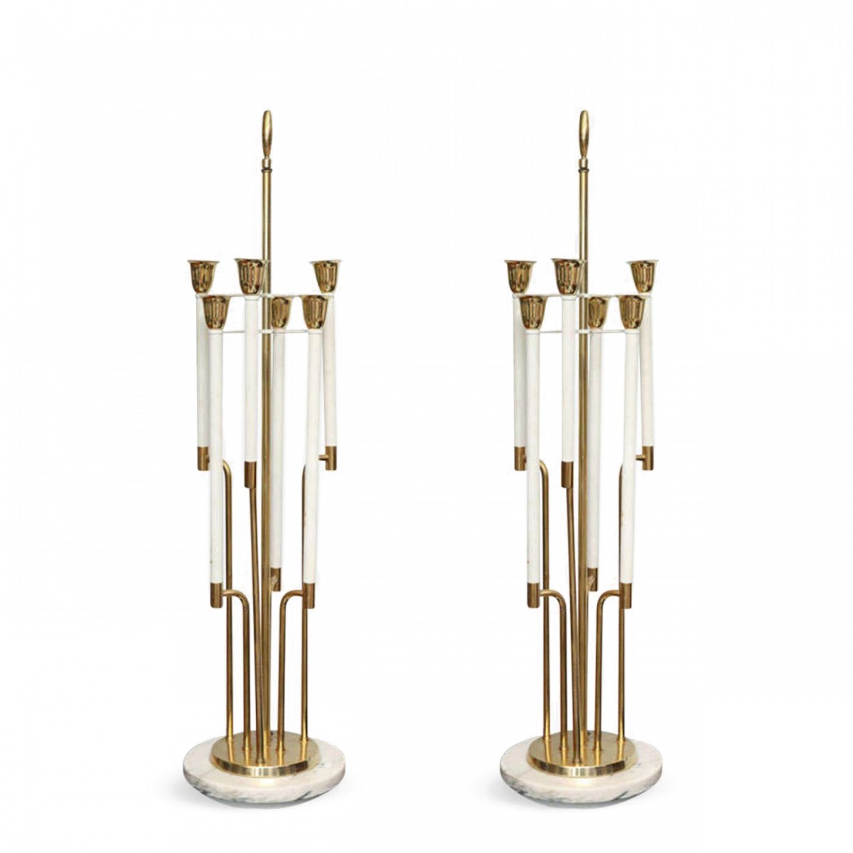 Large pair of brass and marble table lamps