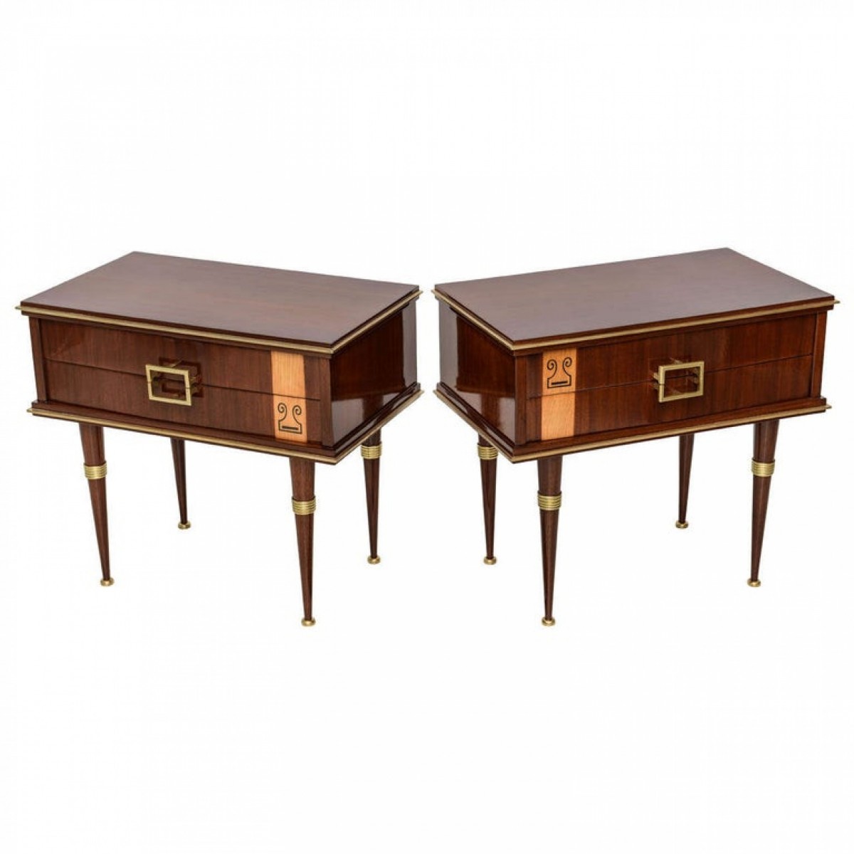 Pair of italian modern walnut sycamore and bronze mounted bedside tables