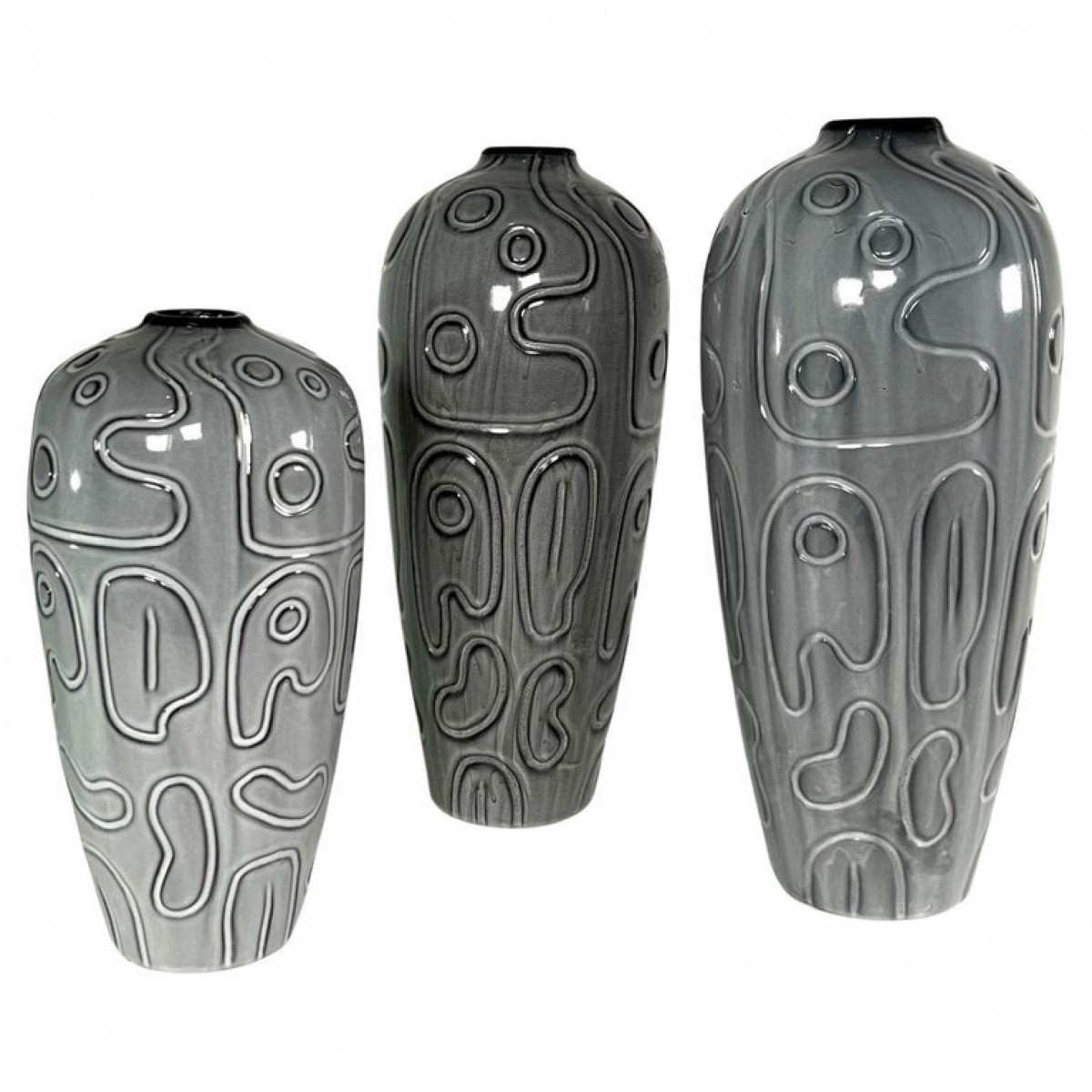 Group of 3 italian modern studio gray glazed and incised ceramic vases