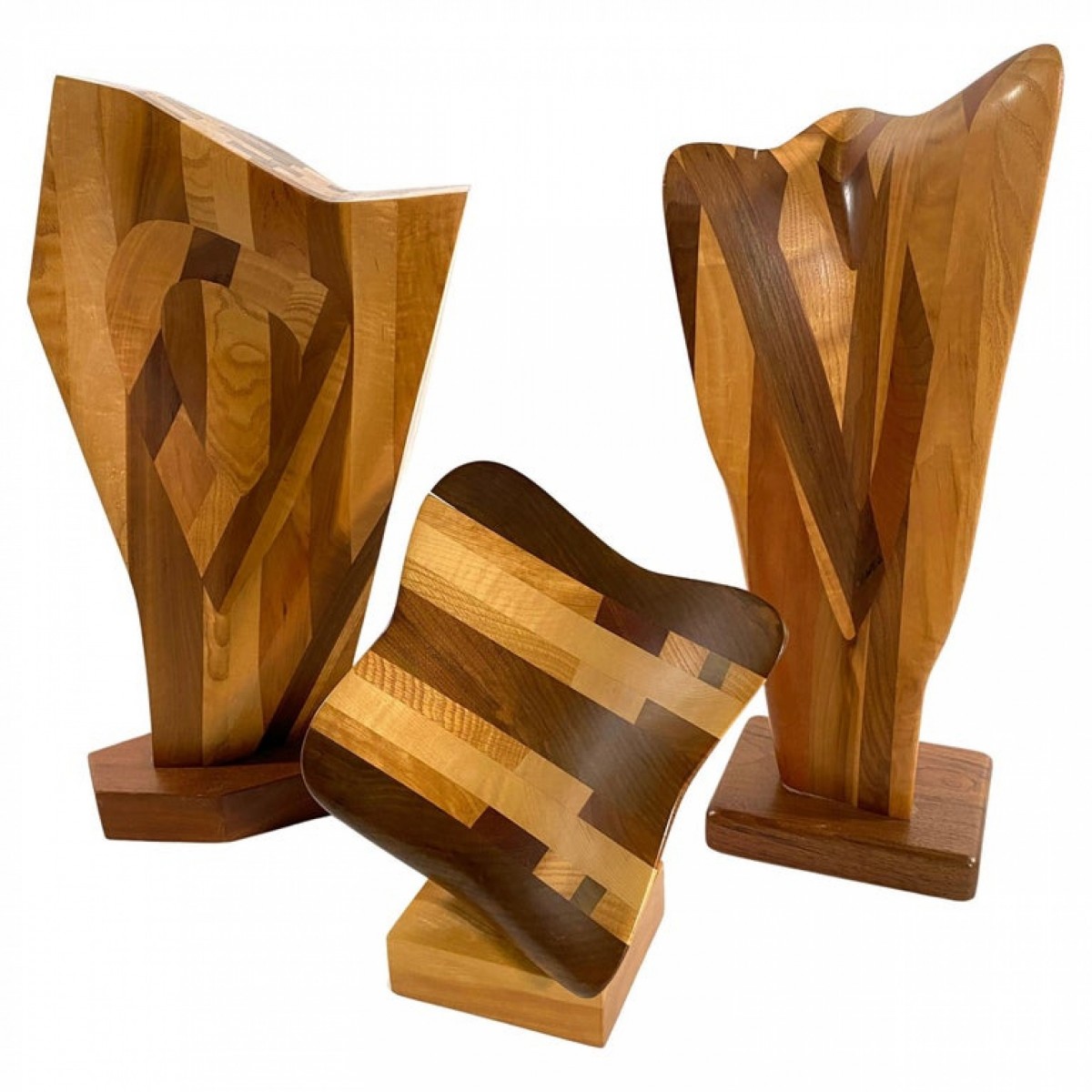 Set of 3 american modern abstract mixed exotic wood sculptures paul lamontagne
