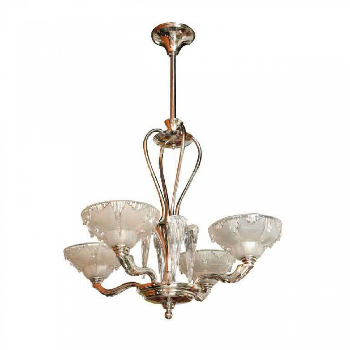 Late art deco nickel and frosted glass icicle chandelier