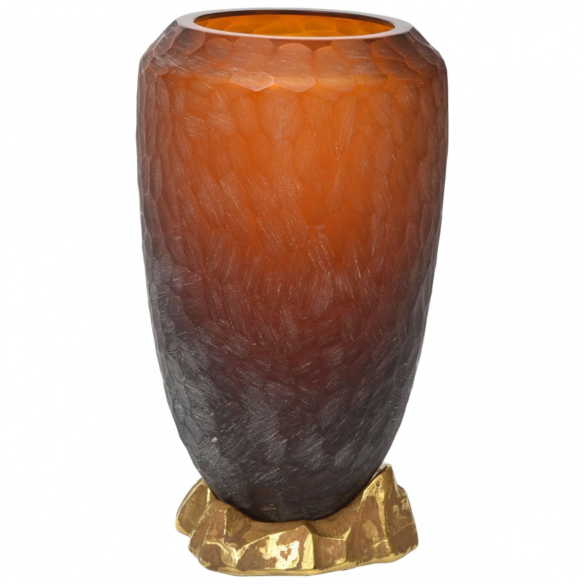 Rare italian modern dark amber and gilt decorated vase seguso